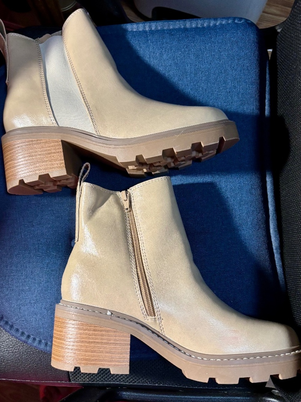 Women's Beige Chunky Heel Ankle Boots with Side Zipper